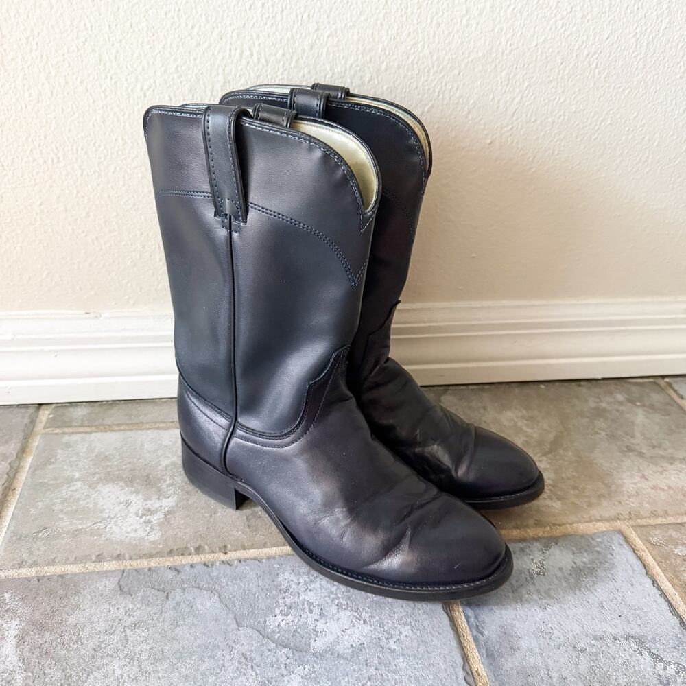 Laredo Navy Blue Leather Western Cowboy Boots Mens 7D Pull On Classic